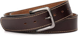 Brown leather belt with silver buckle on a white background