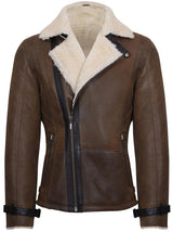 Brown leather jacket with white fur lining on a white background