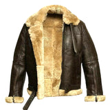 Brown leather jacket with beige fur lining on a white background