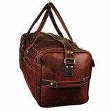 Brown leather duffel bag on a white background