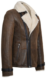 Brown leather jacket with white fur lining on a white background

