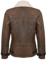 Brown leather jacket with white fur lining on a white background

