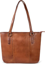 Brown leather tote bag with handles on a white background
