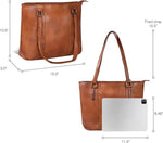 Brown leather tote bag with dimensions indicated on a white background