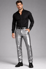 Mens silver leather dress pants by Rustic Leathers front view male model grey background metallic leather trousers