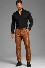 Mens tan leather dress pants by Rustic Leathers front view male model grey background formal leather trousers