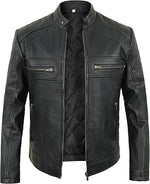 Black leather jacket with quilted design on a white background