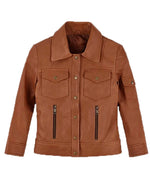 Brown leather jacket with front pockets and zipper details on a white background
