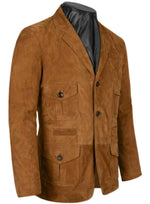 Brown suede jacket with black lining on a white background