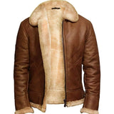 Brown leather jacket with beige fur lining on a white background