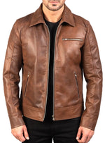 Brown leather jacket worn by a person on a white background
