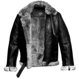 Black leather jacket with fur lining on a white background