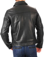 Black leather jacket worn by a person on a white background
