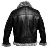Black leather jacket with fur trim on a white background