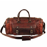 Brown leather duffel bag with multiple straps on a white background