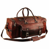 Brown leather duffel bag with multiple straps on a white background