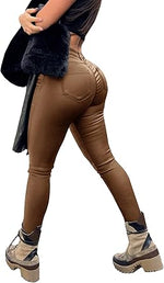 Brown leather pants worn by a person on a white background
