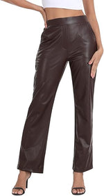Women’s Pull-On Leather Pants – High Waisted Flare Pant with Pockets
