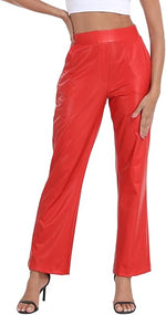 Women’s Pull-On Leather Pants – High Waisted Flare Pant with Pockets