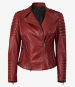Women’s Red Asymmetrical Padded Leather Biker Jacket – Bold Moto Style