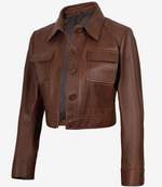 Brown leather jacket on a white background