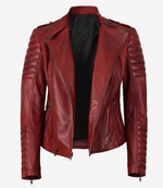 Women’s Red Asymmetrical Padded Leather Biker Jacket – Bold Moto Style